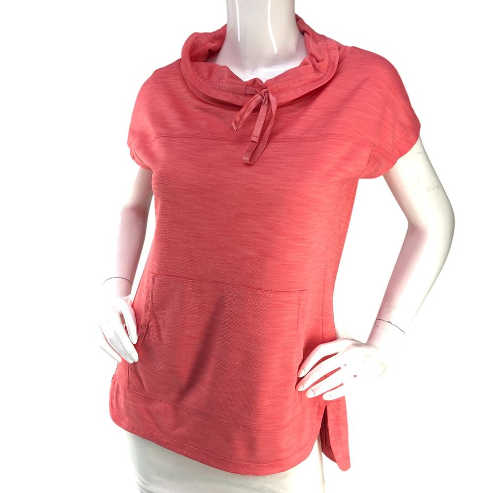 T Talbots Womens Size XS Top Cowl Neck Short Sleeve Split Hem Kangaroo Pocket